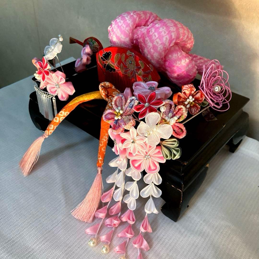 専用　七五三 小さめさん対応　縮緬梅の花簪　櫛平打ち簪　水引ビラ簪　ピンク鹿の子