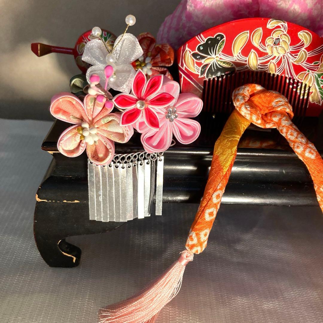 専用　七五三 小さめさん対応　縮緬梅の花簪　櫛平打ち簪　水引ビラ簪　ピンク鹿の子