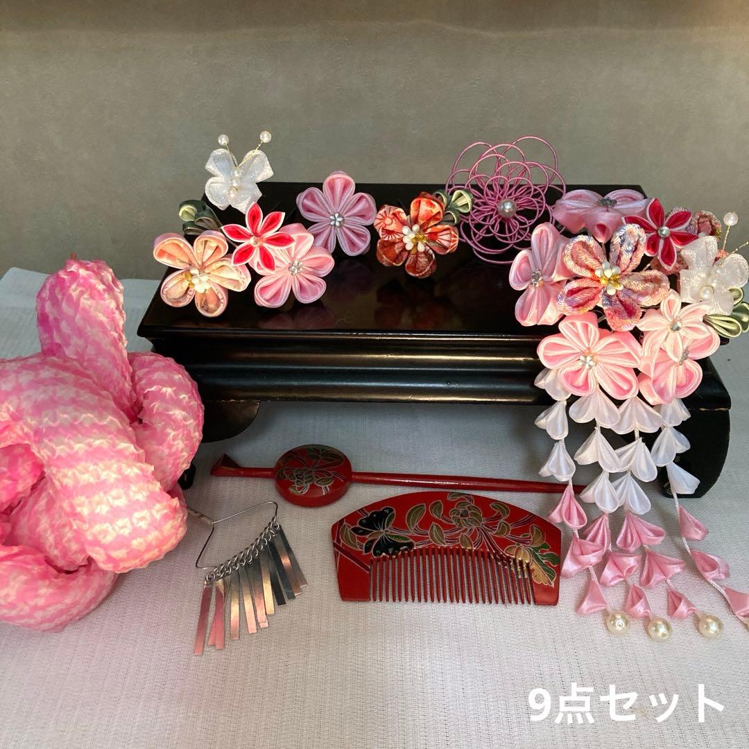 専用　七五三 小さめさん対応　縮緬梅の花簪　櫛平打ち簪　水引ビラ簪　ピンク鹿の子